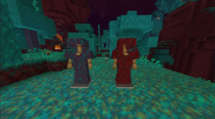 Two mannequins in colorful armor sets