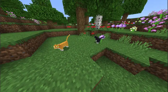 Two cats roaming in a flower forest biome