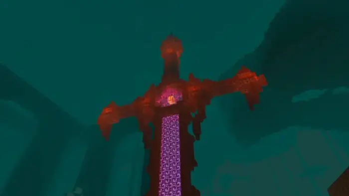 Glowing red fortress with vibrant lighting effects