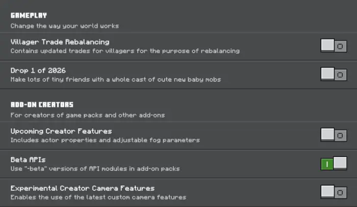 Addon and gameplay settings toggle menu