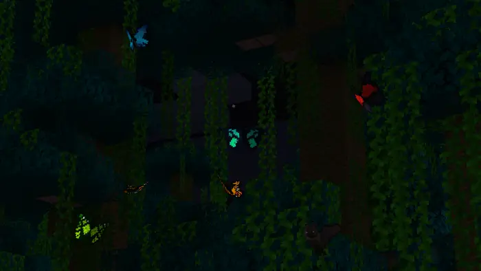 Glowing butterfly-shaped bats in a dark forest