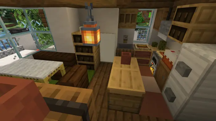 Cozy elven house interior with kitchen area