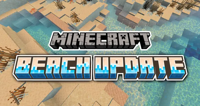 Blocky beach with shells and Beach Update text