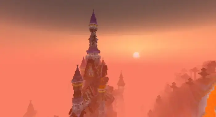 Castle tower at sunset with vibrant lighting