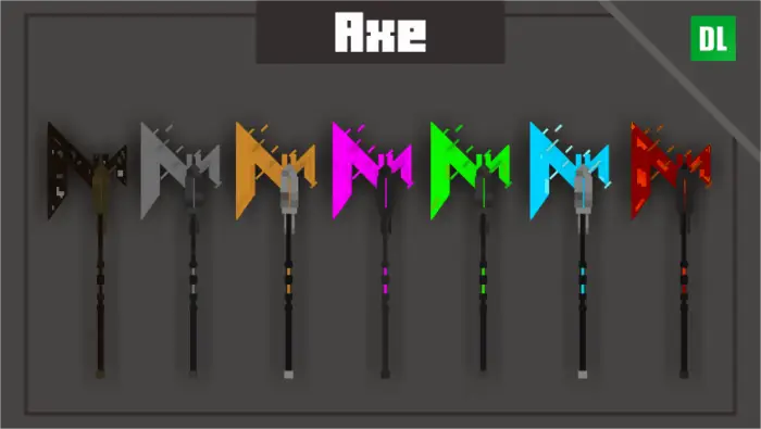 Row of colorful pixel-style axes displayed.