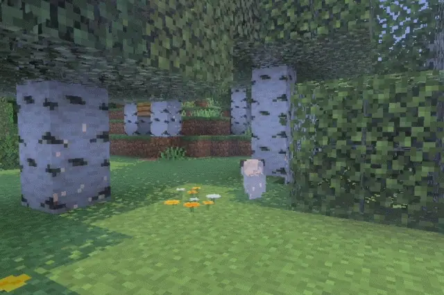 Blocky dog in birch forest clearing