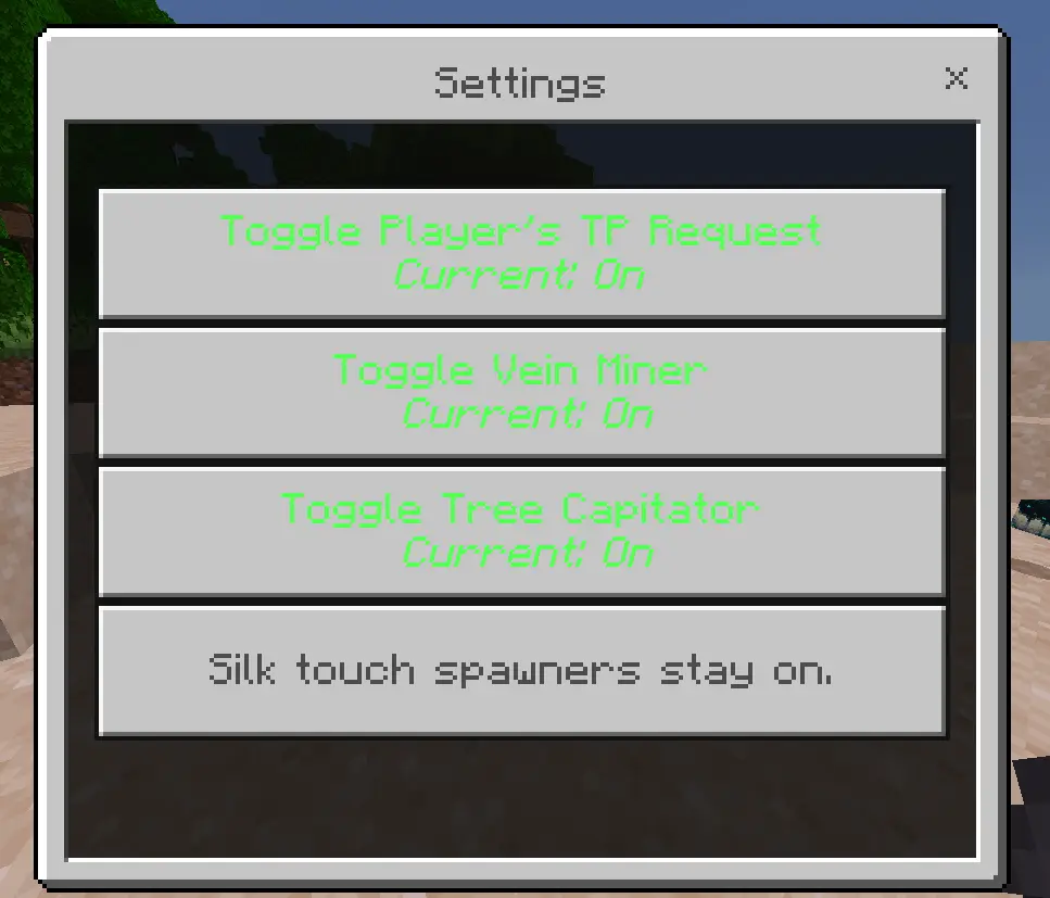 Mod settings menu with toggles enabled.