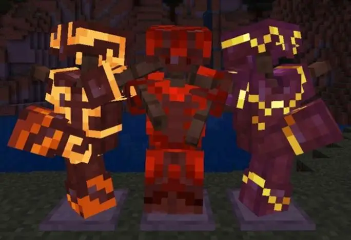 Three glowing armored mannequins at night