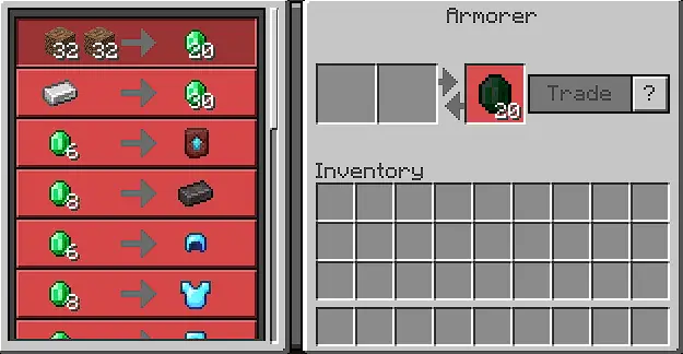 Villager trading menu with OP items shown