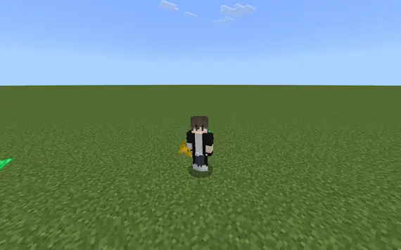 Character holds silly sound item on grass.