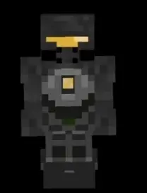 Pixelated armored character in dark exosuit