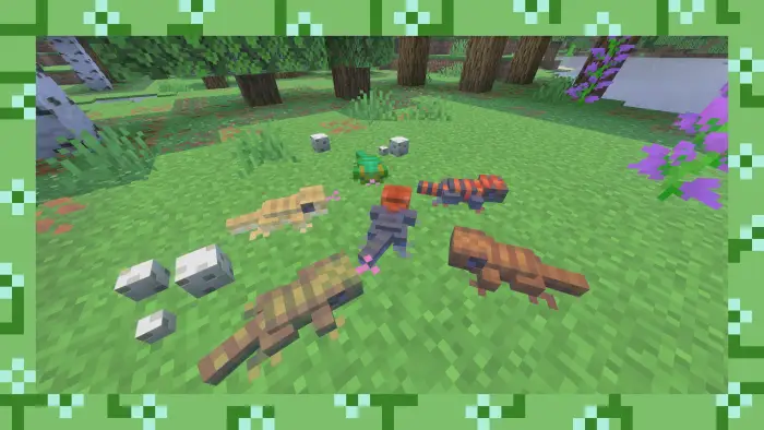 Colorful lizards and eggs on grassy terrain