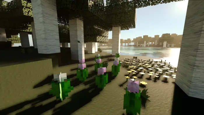 Realistic flowers and trees by a lake