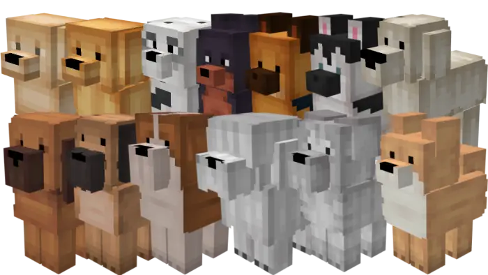 Blocky dogs in various breeds and colors