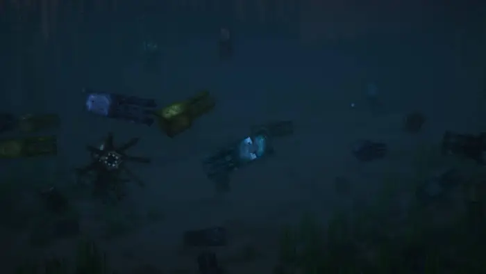 Multiple colorful squids swim underwater.