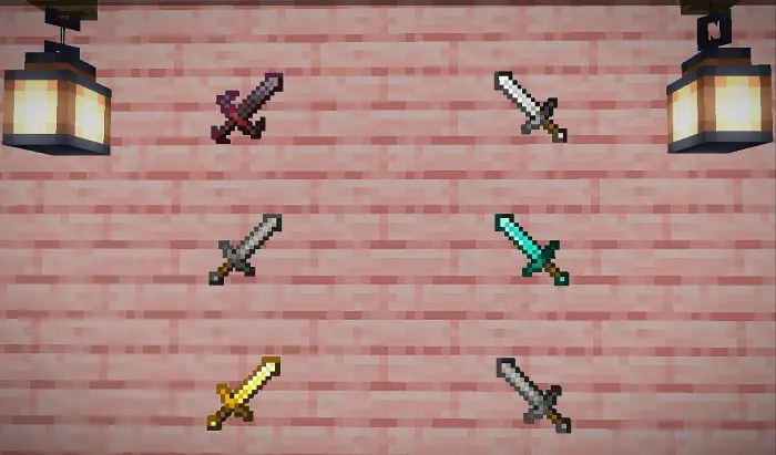 Pixel swords displayed on a pink wall.
