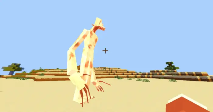 Tall pale monster stalks a sandy landscape