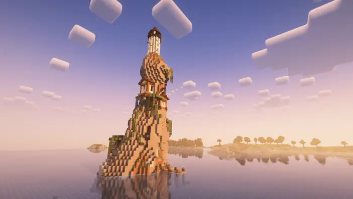 Tall fantasy tower rising from island water