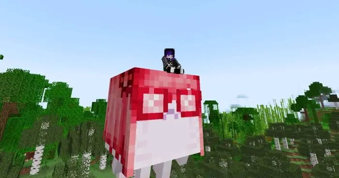 Player riding pink kawaii ghast in forest