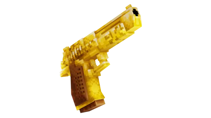Pixelated golden handgun firing a bullet