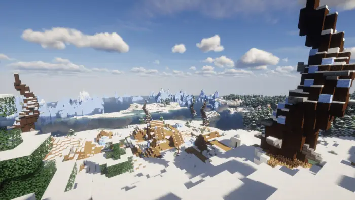 Snowy landscape with custom towers and ruins