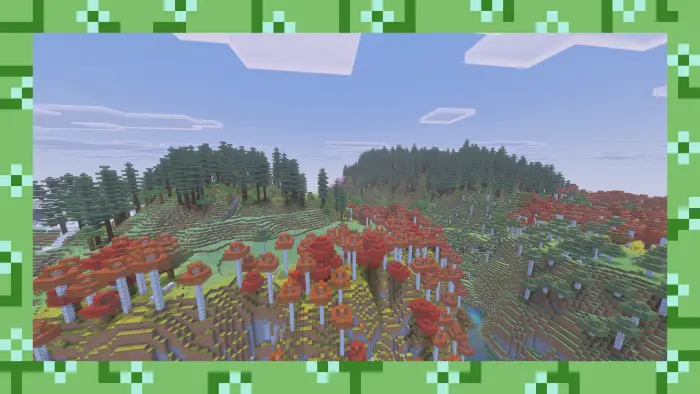 Colorful forest biome with large red mushrooms