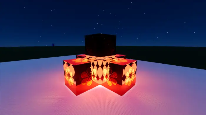 Glowing strawberry-patterned blocks at night