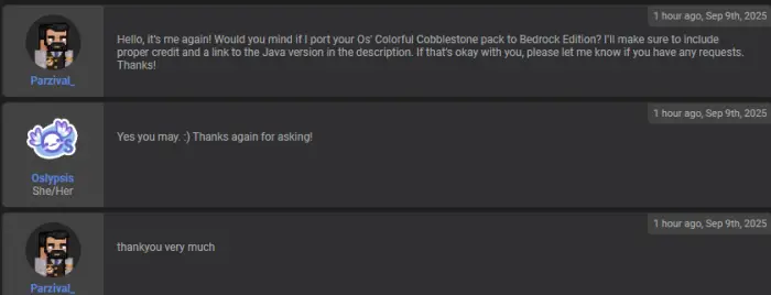 Three-user chat about cobblestone texture pack