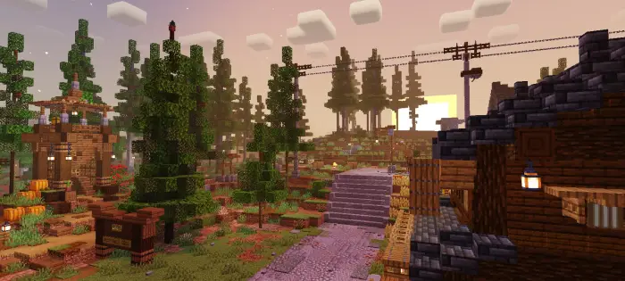 Soft sunset over a fantasy village scene