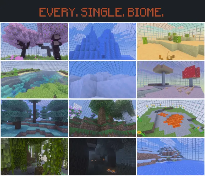 1. Pink blossom trees in a glass dome 2. Icy blue mountain biome in a dome 3. Sandy desert terrain with cactus 4. Lush riverb