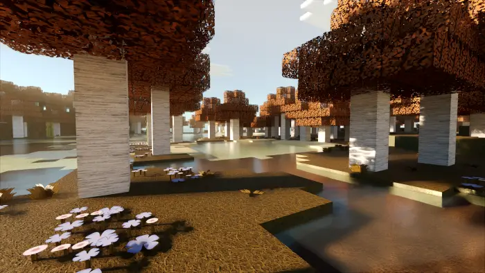 Realistic autumn forest with reflective water