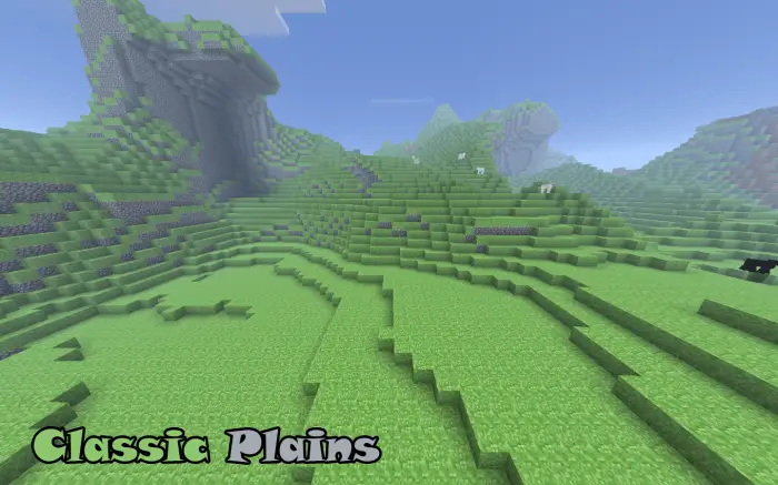 Blocky green plains with hills and sheep.