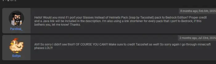 Two users discuss porting a texture pack.