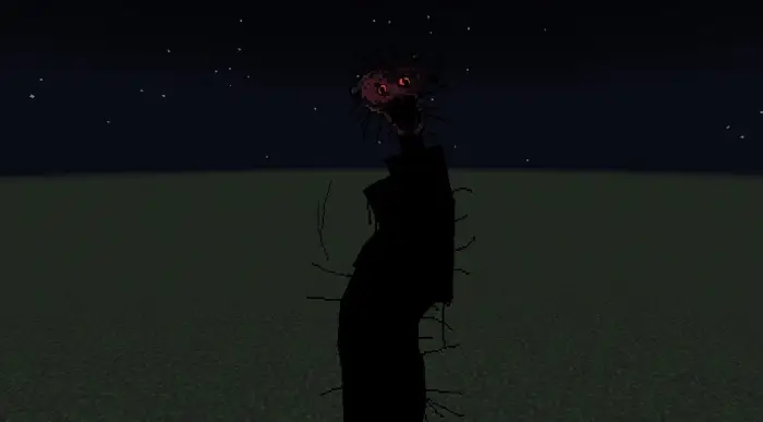 Terrifying creature with glowing red eyes at night