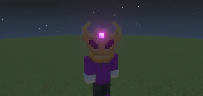 Pixel avatar wears glowing golden helmet