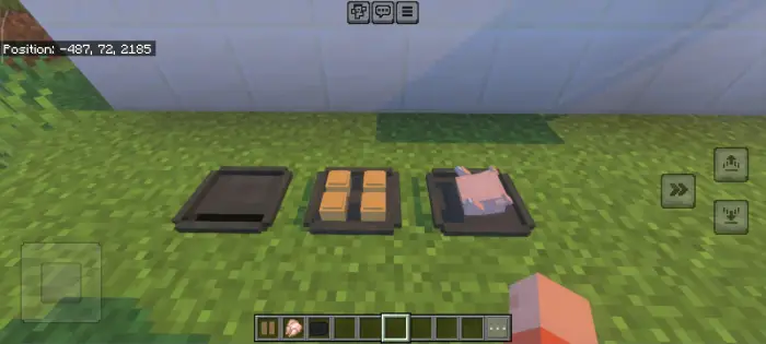 Three trays empty, bread, and raw meat.