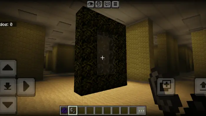 A dark portal in a yellow maze-like hallway