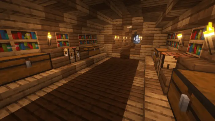 Wooden room with chests, bookshelves, torches