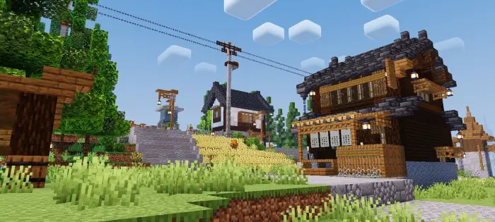 Fantasy village with soft, natural lighting