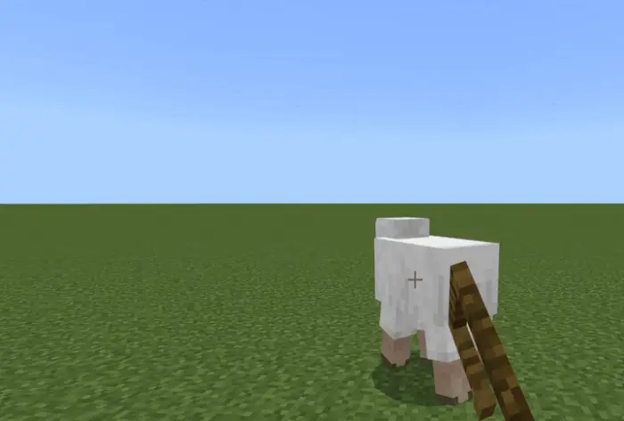 Player holding stick near a sheep on grass