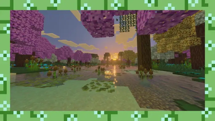 Sunset over vibrant, colorful forest biome