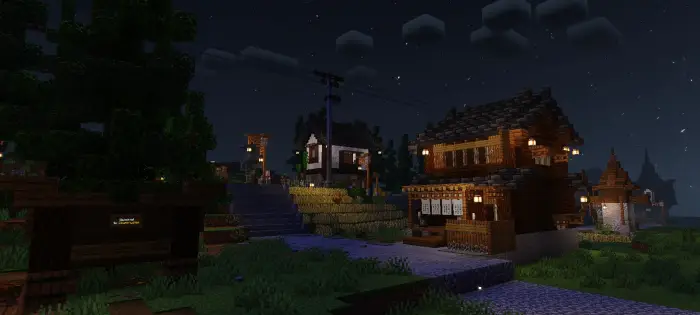 Cozy village at night with soft lighting