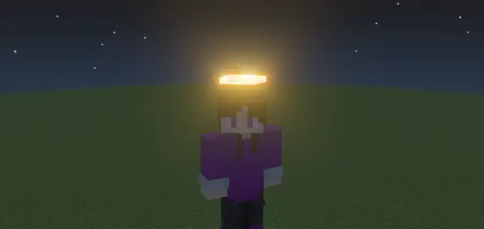 Blocky avatar wearing a glowing halo hat