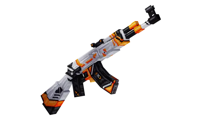 Pixelated 3D rifle with orange accents