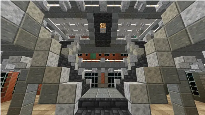 Modern blocky mall interior with stairs