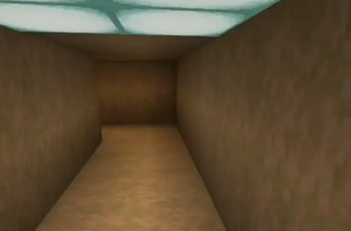 ALT text Dimly lit blocky hallway with tan walls