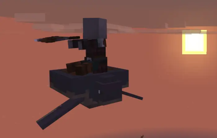 Player riding a flying creature at sunset