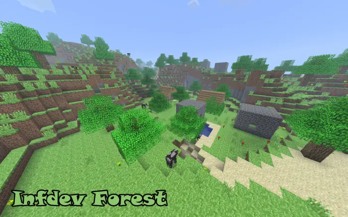 Blocky forest terrain with simple stone huts.