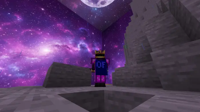 Player in purple galaxy-themed texture pack