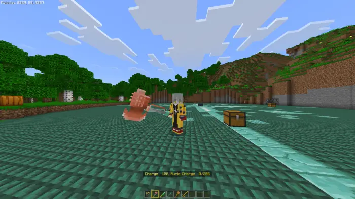 Character wields magic weapon on green terrain